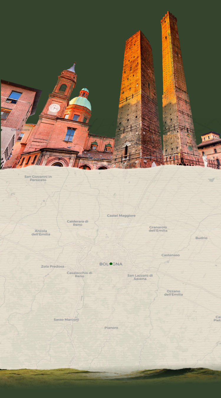 Le Due Torri di Bologna e la mappa del territorio bolognese