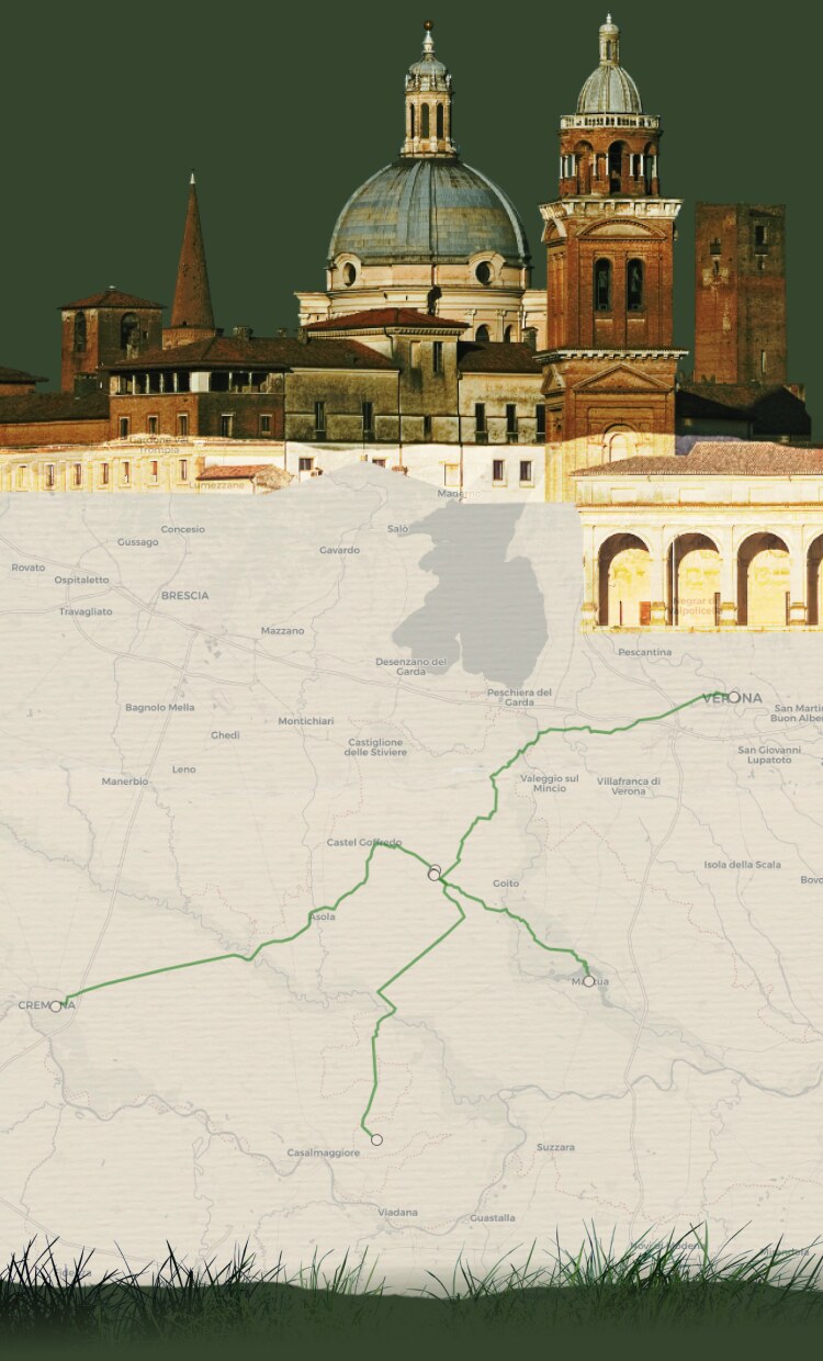 Skyline di Mantova e mappa dei collegamenti fra Cremona, Mantova e Verona