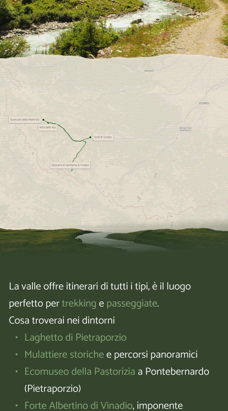 Mappa dei dintorni di Mansarda in Valle Stura: Ecomuseo della Pastorizia, Forte di Vinadio, Santuario di Sant'Anna